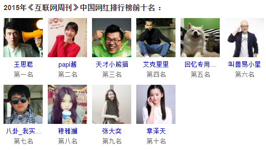 2015年中国网红排行榜前十名 2015年中国网红排行榜前十名
